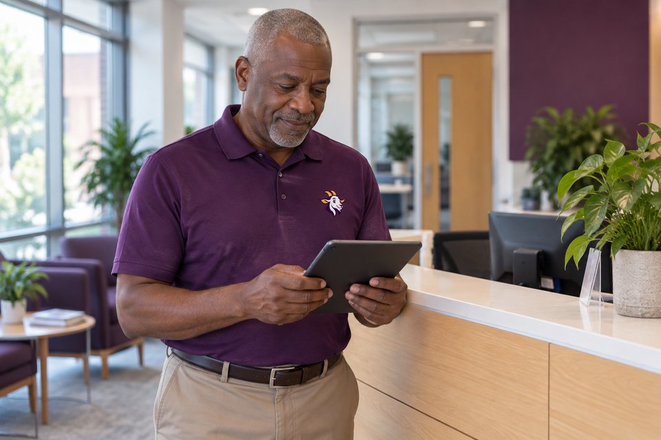 Illustration of an office manager using a tablet